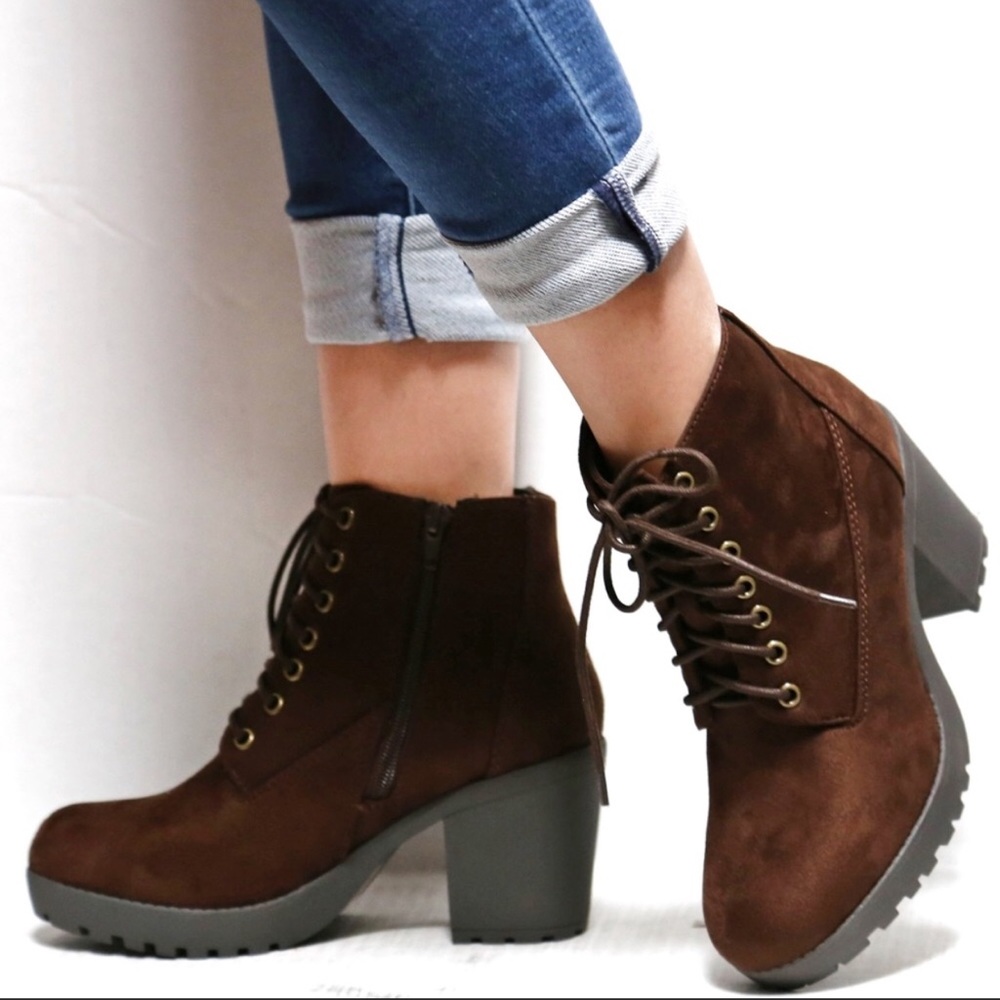 Brown Lace Up Booties Chunky Heel